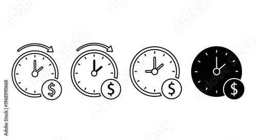 Time is money icon set with rotating arrows and dollar sign on clock faces