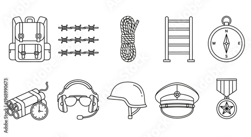 Set of military and adventure icons including backpack, barbed wire, rope, ladder, compass, bomb, headset, helmet, cap, and medal