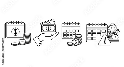 Financial Planning Icons Calendar, Money, and Warning Symbols for Budgeting and Savings
