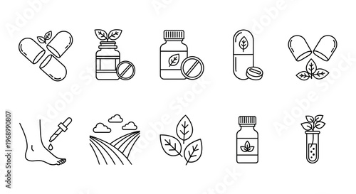 Collection of Health and Wellness Icons featuring Natural Remedies and Herbal Supplements