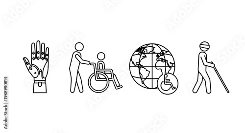 Diverse line art icons illustrating global disability awareness and accessibility, featuring a prosthetic hand, wheelchair assistance, universal design, and visual impairment support