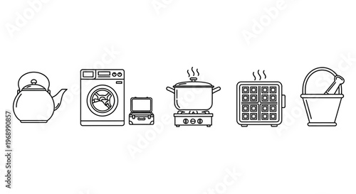 A versatile set of minimalist line art icons depicting essential household items, kitchen appliances, and personal technology, ideal for modern domestic lifestyle illustrations