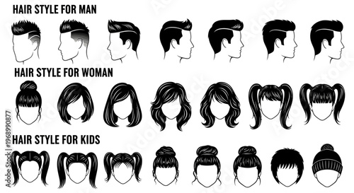 A comprehensive collection of diverse human hairstyles, showcasing a wide range of trendy and classic haircuts for men, women, and children, perfect for fashion, beauty, and character design projects