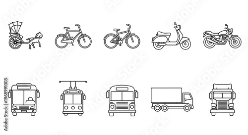 Comprehensive collection of minimalist line art icons showcasing various modes of urban and personal transportation, ideal for web design, apps, and infographics