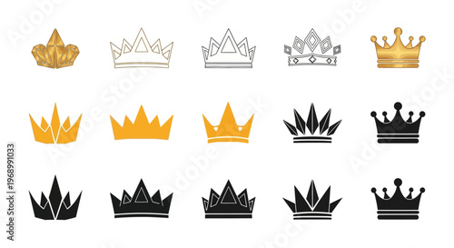 A comprehensive vector collection of diverse regal crowns, featuring golden majestic diadems, elegant outlines, and solid black silhouettes, perfect for illustrating royalty, power, 