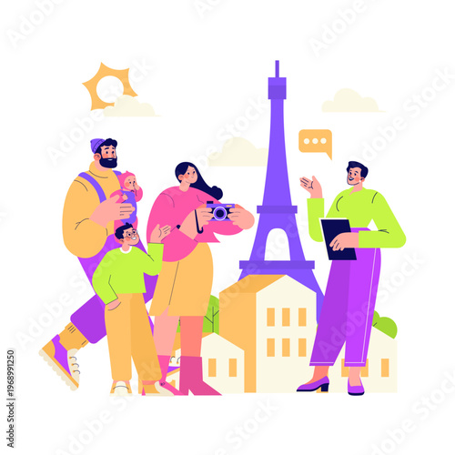 Family Guided Tour at Eiffel Tower Vector Illustration