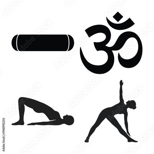 Yoga Poses And Om Symbol Set, Wellness Practices Illustration
