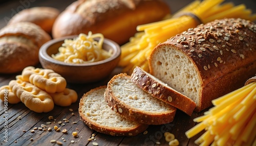 Assorted bread loaves and pasta noodles on rustic wood table. Loaf of sliced whole grain bread, cookies, and pasta in bowl. Grains, seeds, and oats sprinkled around.