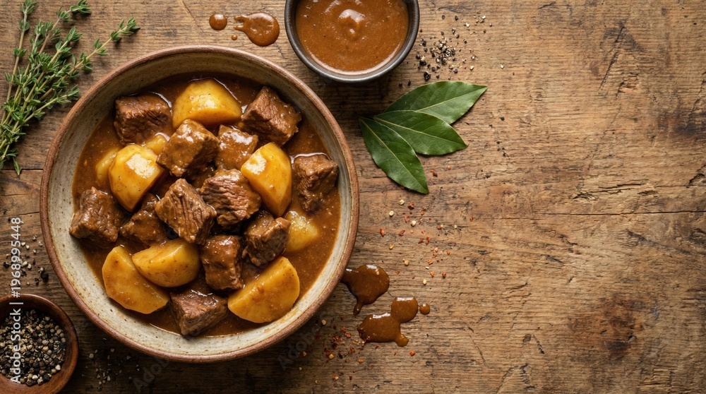 Fototapeta premium Rich beef stew with potatoes and thick gravy on wooden background