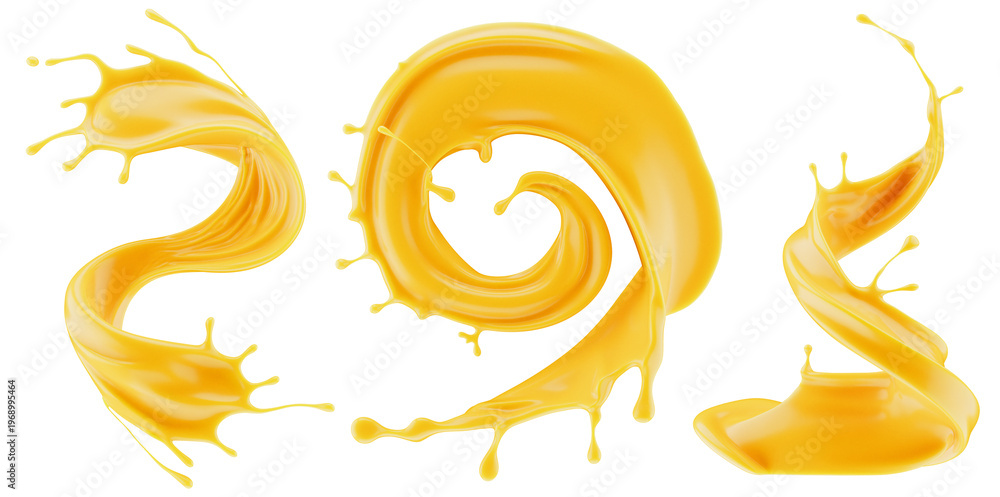 Fototapeta premium Set of orange splashes isolated on a white background. 3D render