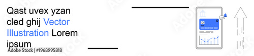 Business, analytics, mobile apps, data visualization, growth, technology. Smartphone with a graph and upward arrow indicating trends. Business and analytics concepts effectively
