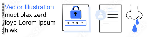 Cybersecurity, user authentication, digital identity, document management, health diagnosis, cold symptoms. A lock, user icon document and a runny nose are . Cybersecurity and user authentication