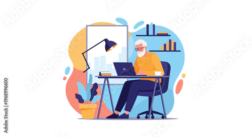 Senior digital nomad working on laptop at desk in home office with plant and lamp