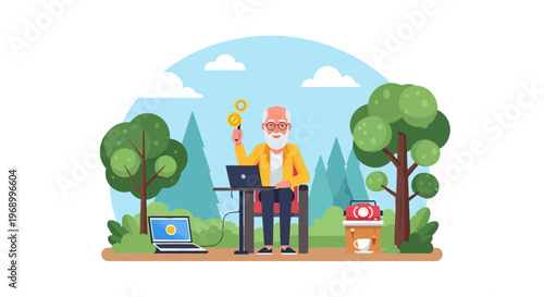 Senior digital nomad working remotely outdoors with laptops and coins, enjoying nature with coffee.