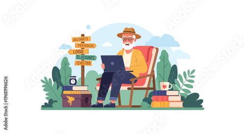 Senior digital nomad enjoying work outdoors with laptop and signpost showing choices