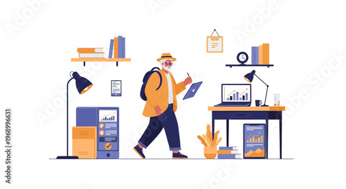 Senior digital nomad man with backpack walking and working on tablet in modern office setting