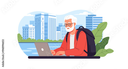 Senior digital nomad working on laptop with backpack against city skyline