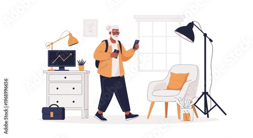 Elderly digital nomad holding two smartphones while walking indoors with a backpack