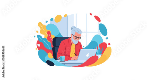 Senior digital nomad focusing on laptop work at desk with coffee and colorful abstract background
