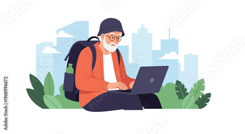 Senior digital nomad with backpack using laptop outdoors with city skyline background