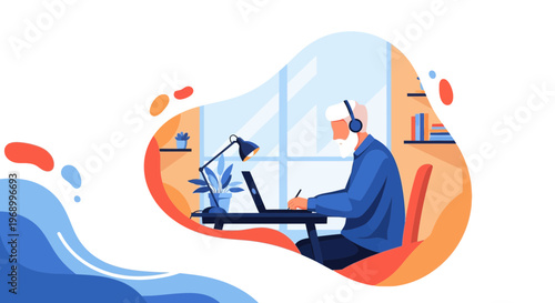 Senior digital nomad wearing headphones focuses intently on a laptop at his desk, working remotely.