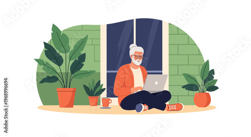 Senior digital nomad man working on a laptop computer comfortably at home with plants and a window