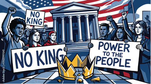 Illustration of a diverse crowd holding protest signs with a crown on the ground in front of a government building with an American flag background.