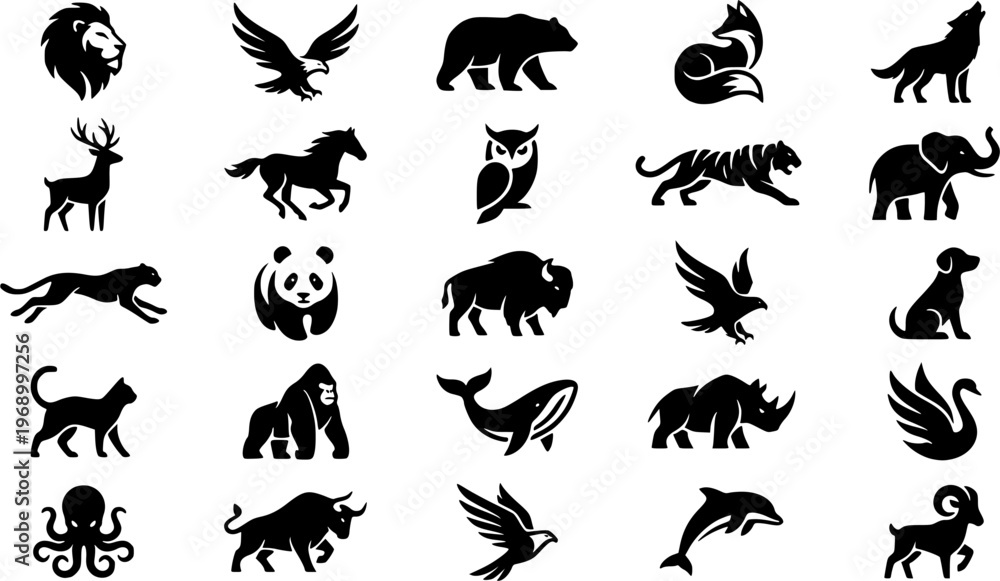 Fototapeta premium Black animal logos collection featuring various animal silhouettes in clean, minimal style. Ideal for branding, badges, emblems, and logo design. Isolated on white background.