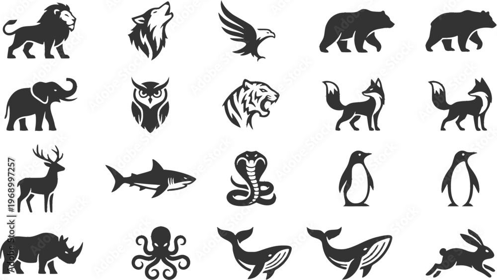 Fototapeta premium Black animal logos collection featuring various animal silhouettes in clean, minimal style. Ideal for branding, badges, emblems, and logo design. Isolated on white background.
