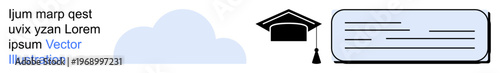 Online learning, higher education, academic success, digital certification, modern schooling, virtual education. Graduation cap and certificate alongside a cloud icon. Online learning and higher