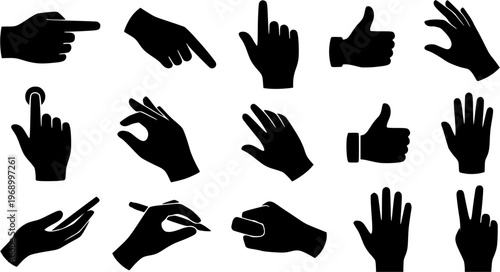 Black hand gesture silhouettes set with pointing, clicking, holding, and various poses. Ideal for UI, communication, and interaction concepts. Isolated on white background.