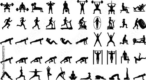 Black silhouette set of personal trainer with client, featuring gym coaching, workout assistance, and fitness training scenes. Ideal for sports, health, exercise, and wellness concepts. Isolated on wh