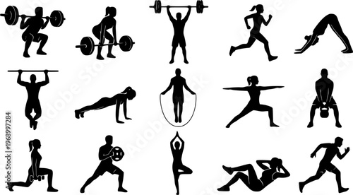Black silhouette set of personal trainer with client, featuring gym coaching, workout assistance, and fitness training scenes. Ideal for sports, health, exercise, and wellness concepts. Isolated on wh