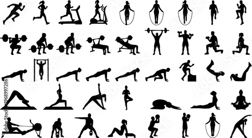 Black silhouette set of personal trainer with client, featuring gym coaching, workout assistance, and fitness training scenes. Ideal for sports, health, exercise, and wellness concepts. Isolated on wh