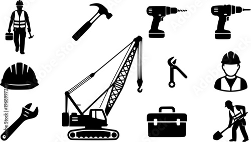 Black silhouette construction tools set including hammer, drill, helmet, crane, and worker elements. Ideal for building, engineering, and industrial concepts. Isolated on white background.