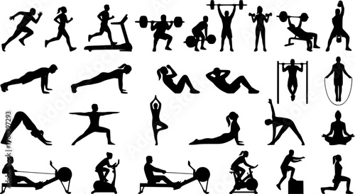 Black silhouette set of personal trainer with client, featuring gym coaching, workout assistance, and fitness training scenes. Ideal for sports, health, exercise, and wellness concepts. Isolated on wh