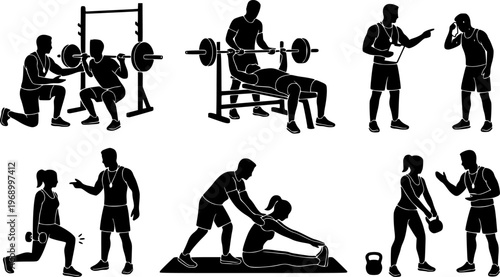 Black silhouette set of personal trainer with client, featuring gym coaching, workout assistance, and fitness training scenes. Ideal for sports, health, exercise, and wellness concepts. Isolated on wh