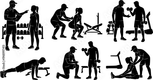 Black silhouette set of personal trainer with client, featuring gym coaching, workout assistance, and fitness training scenes. Ideal for sports, health, exercise, and wellness concepts. Isolated on wh