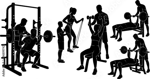 Black silhouette set of personal trainer with client, featuring gym coaching, workout assistance, and fitness training scenes. Ideal for sports, health, exercise, and wellness concepts. Isolated on wh
