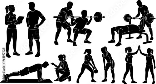 Black silhouette set of personal trainer with client, featuring gym coaching, workout assistance, and fitness training scenes. Ideal for sports, health, exercise, and wellness concepts. Isolated on wh