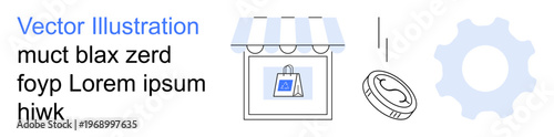 E-commerce, digital marketing, online shopping, business growth, financial transactions, consumer technology. Storefront with shopping bag, coin and gear. E-commerce and digital marketing elements