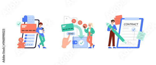 Financial Transactions and Contract Signing Vector Illustration