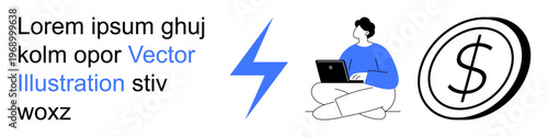 Freelancing, remote work, digital economy, online earnings, business growth, creativity. Man using laptop, dollar coin icon and electric bolt. Freelancing and remote work concept