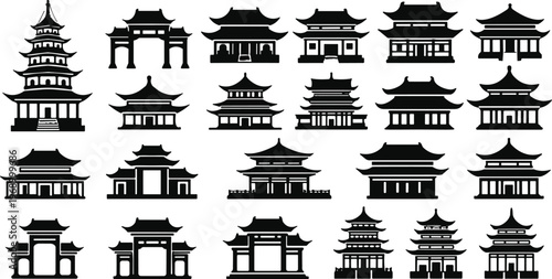 Collection of traditional chinese japanese asian architecture buildings pagodas gates temples and houses isolated on transparent background.