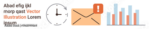 Time management, data analytics, email communication, notifications, workflow, information systems. A clock, envelope with alert and bar chart. Time management and data analytics concepts