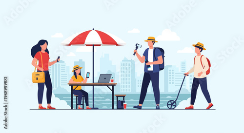 People enjoying summer travel and leisure activities in a vibrant city with a backdrop of buildings