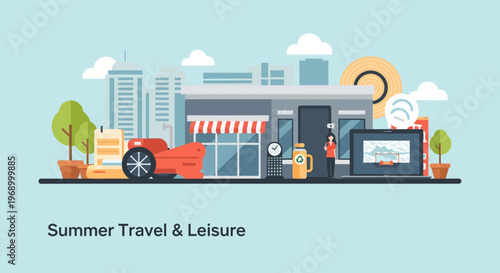 A vibrant cityscape scene with elements of summer travel and leisure, showcasing urban businesses and recreational activities