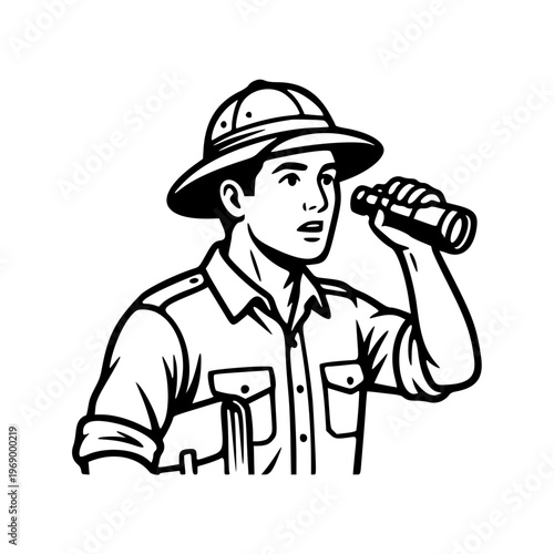 explorer with binoculars line drawing illustration vector clipart black and white
