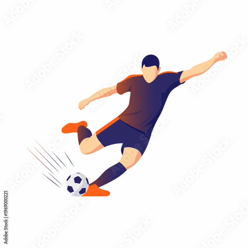 Soccer player kicking a ball, dynamic action pose, professional athlete in sports uniform, vector illustration