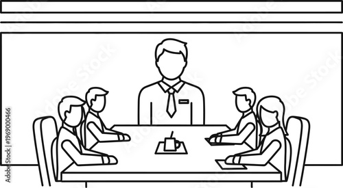 Black and white line drawing of business people in a meeting